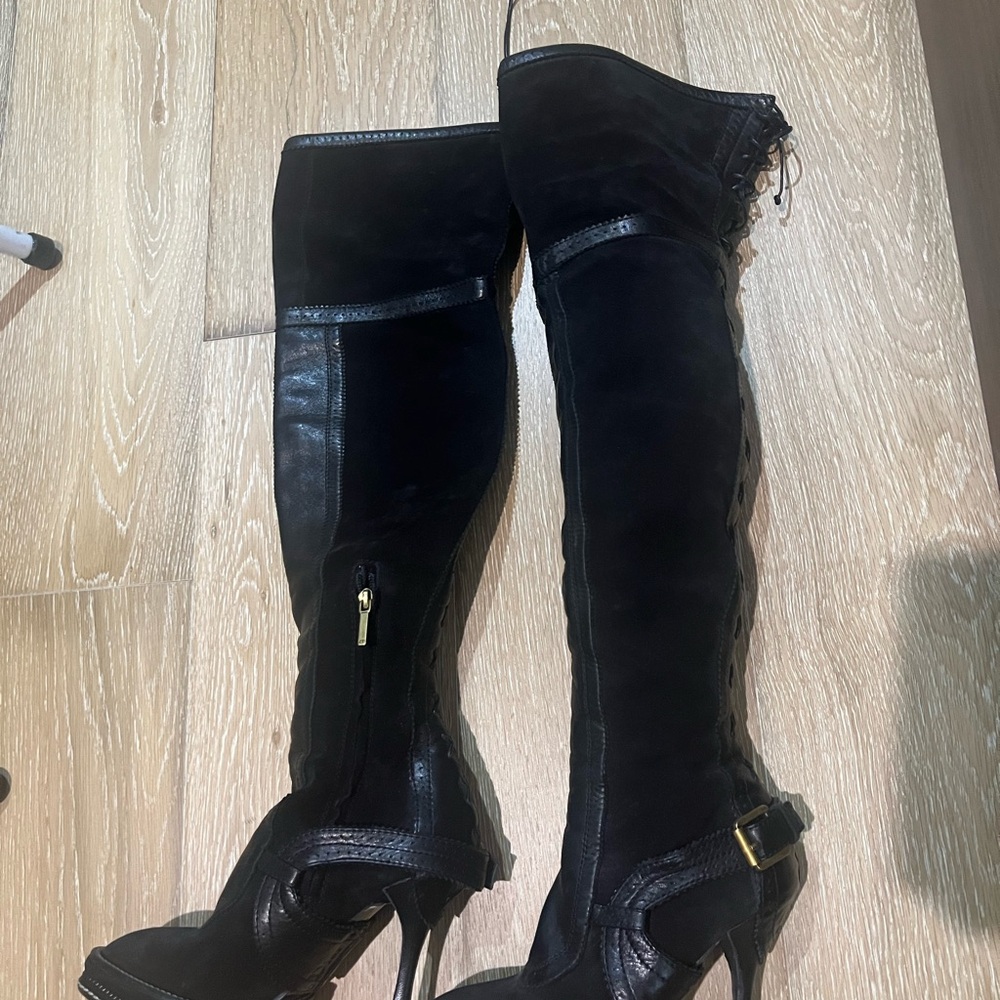 Christian Dior Black Over the Knee Boots with Gold Buckle